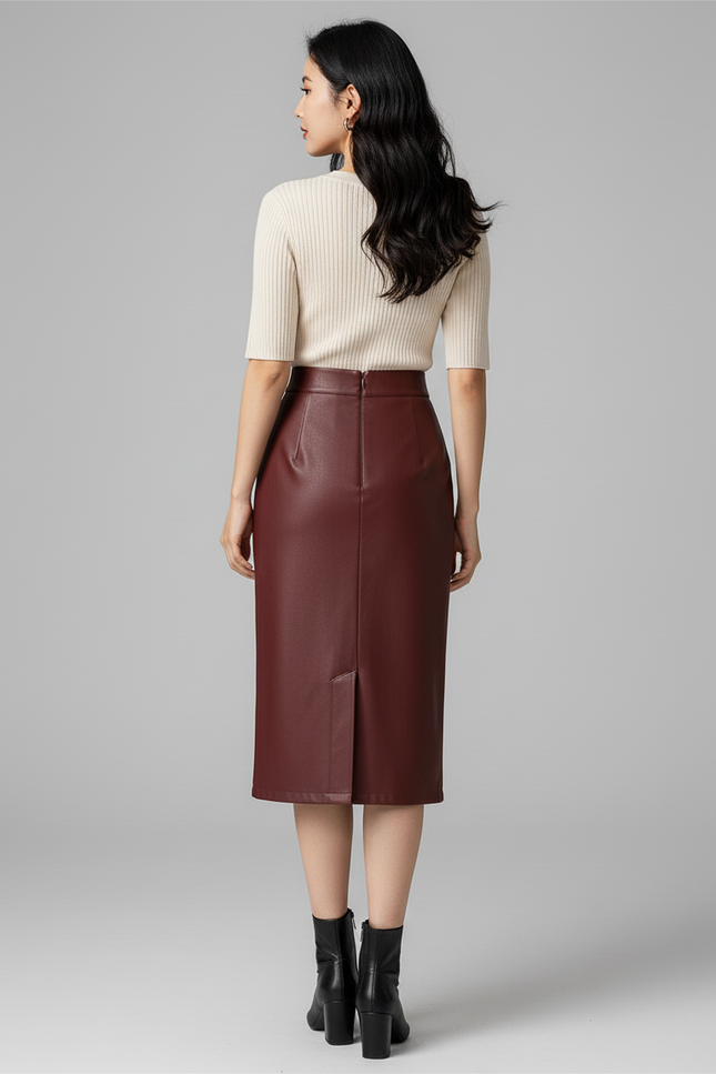 Jupe Midi Similicuir Bordeaux Élégante