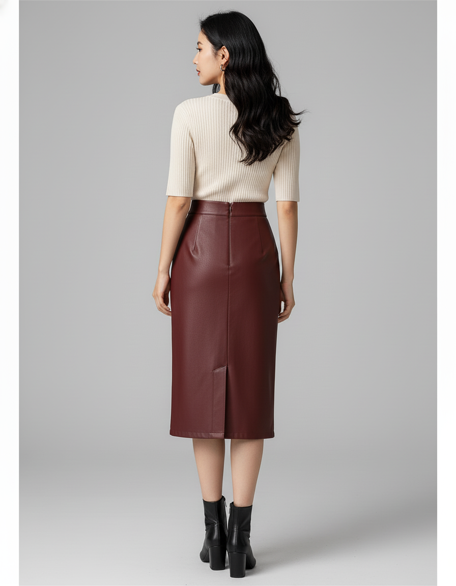 Jupe Midi Similicuir Bordeaux Élégante