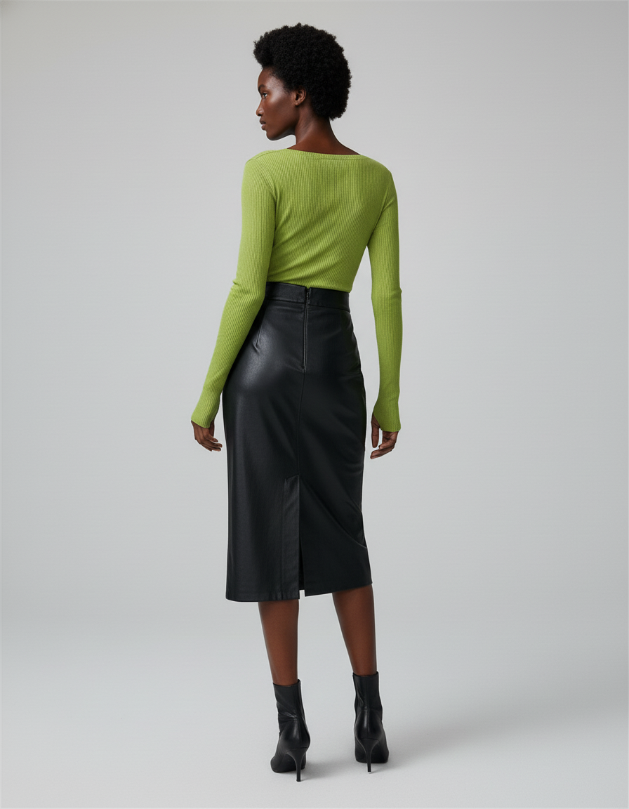 Jupe Midi Noire Similicuir Élégante