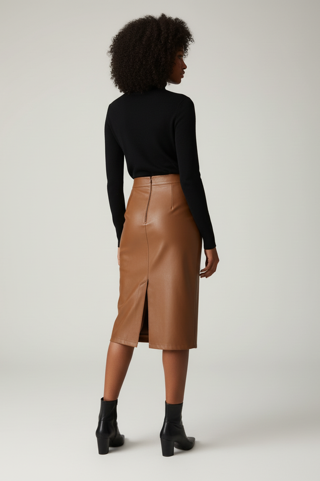 Jupe Midi Similicuir Camel Fendu Chic