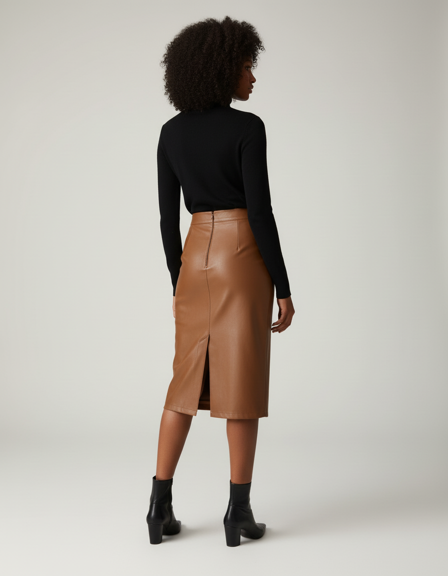 Jupe Midi Similicuir Camel Fendu Chic