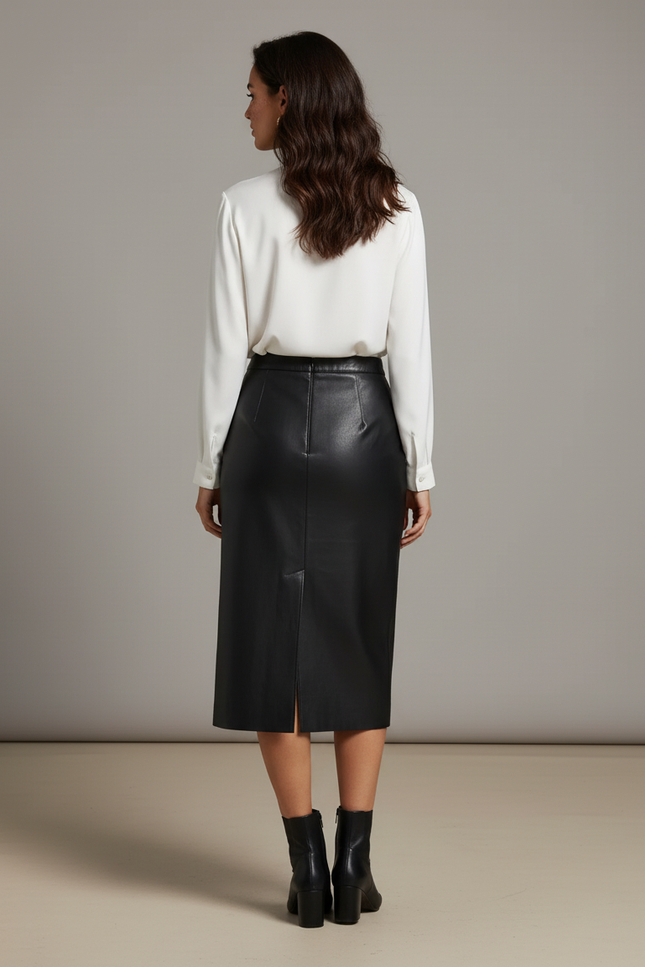 Jupe Midi Cuir Noir Fendue Élégante