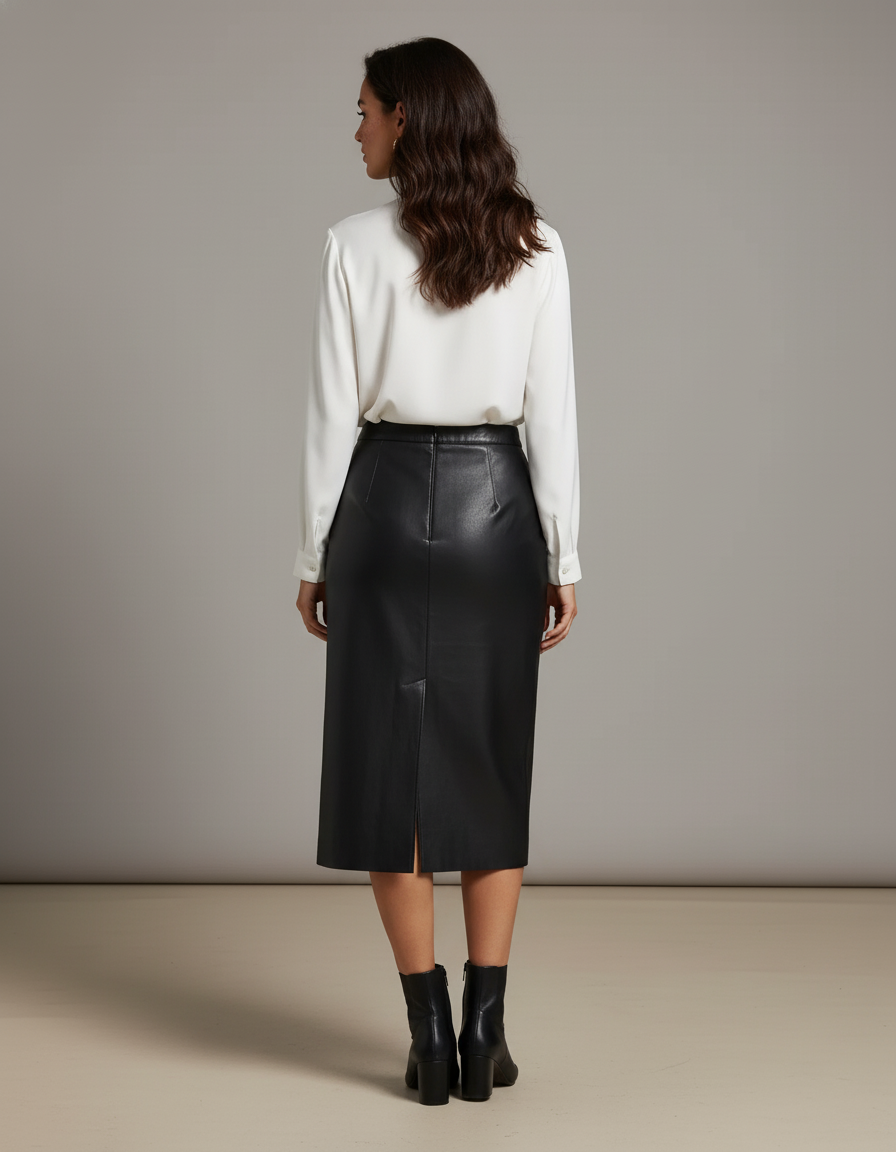 Jupe Midi Cuir Noir Fendue Élégante