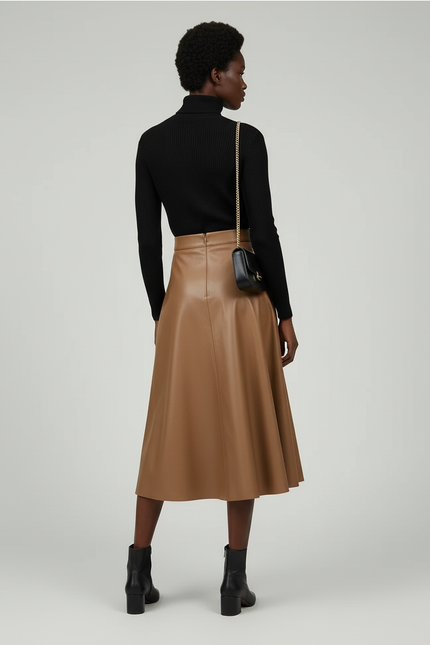 Jupe Midi Cuir Pu Camel Élégante
