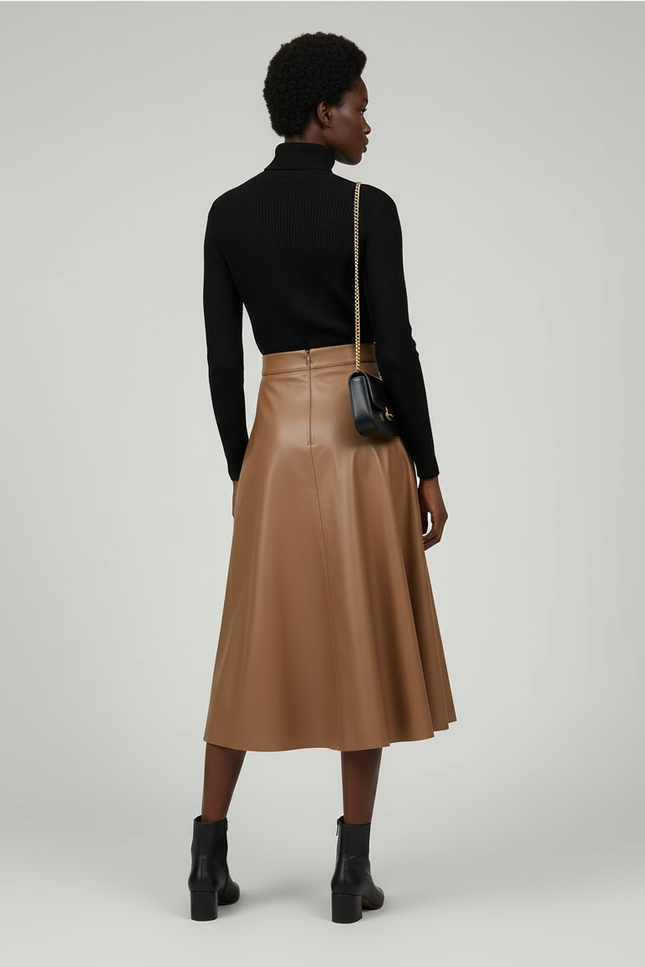 Jupe Midi Cuir Pu Camel Élégante