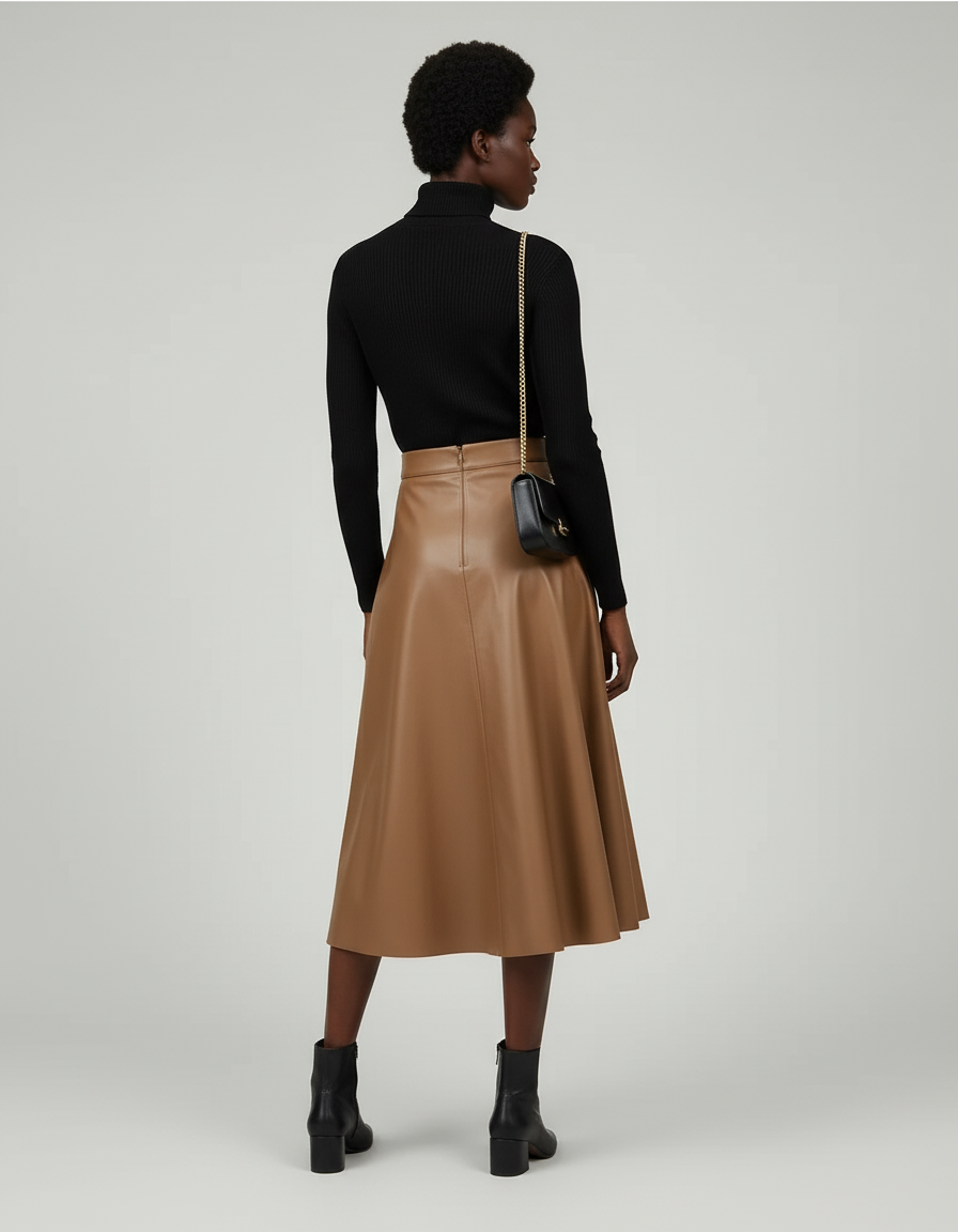 Jupe Midi Cuir Pu Camel Élégante