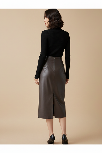 Jupe Midi Similicuir Marron Fente Chic