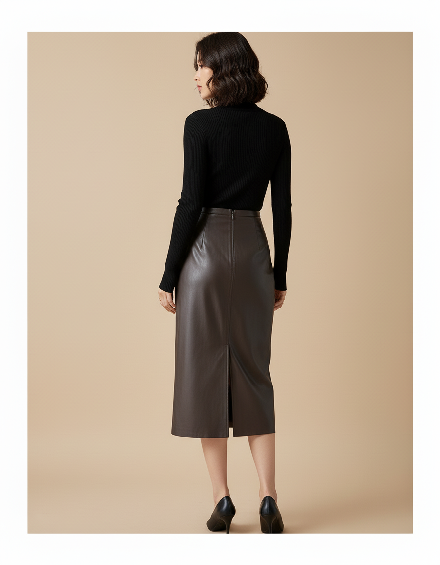 Jupe Midi Similicuir Marron Fente Chic