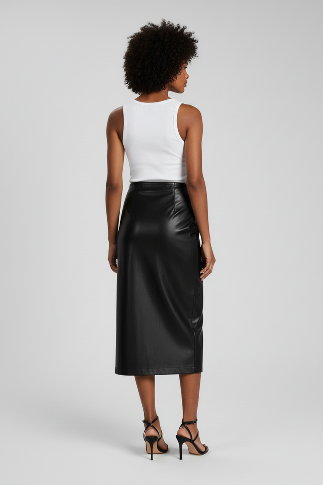 Jupe Midi Cuir Pu Froncée Chic