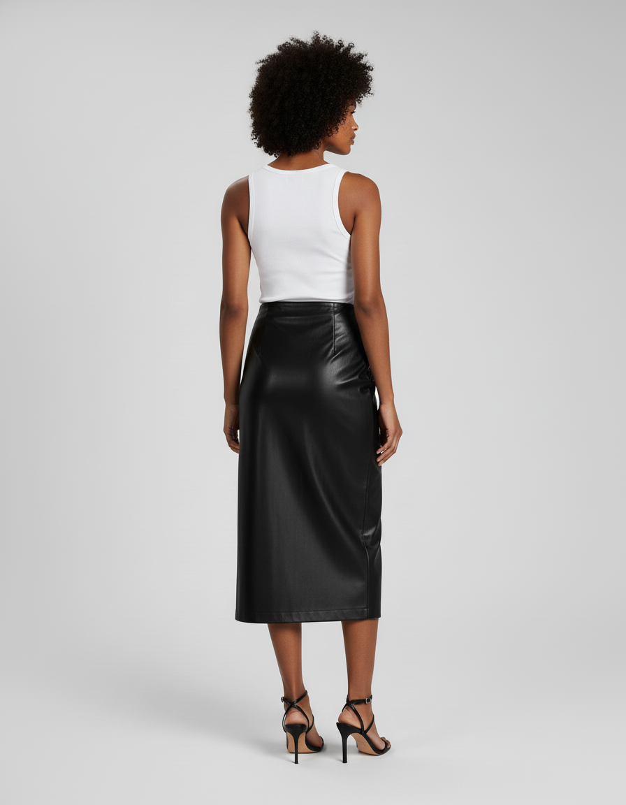 Jupe Midi Cuir Pu Froncée Chic