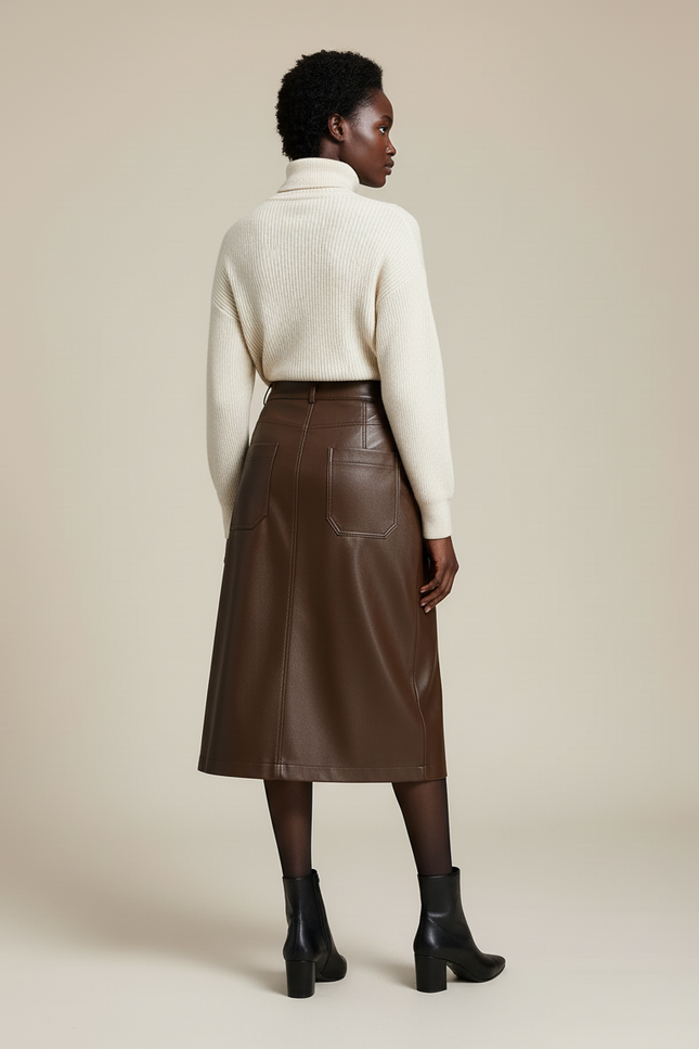 Jupe Midi Marron Simili Cuir Décontractée