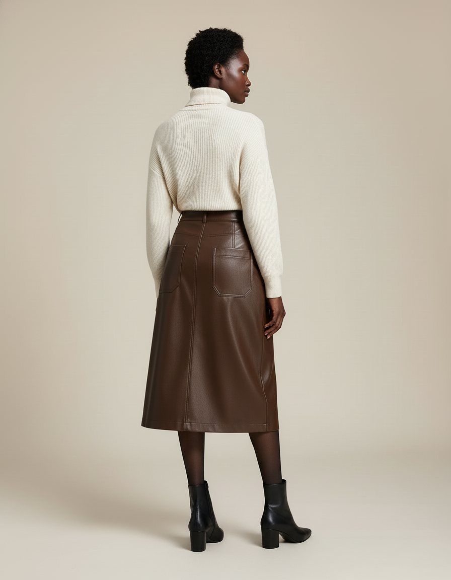 Jupe Midi Marron Simili Cuir Décontractée