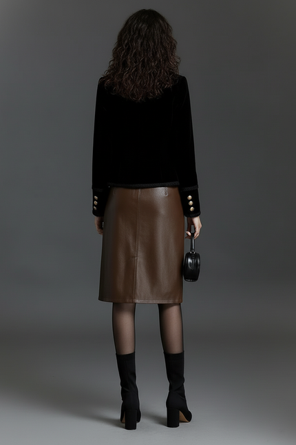 Jupe Midi Similicuir Marron Chic