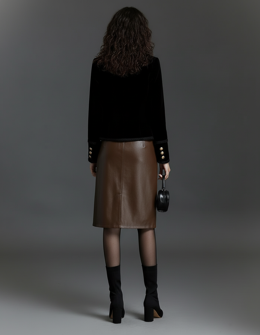 Jupe Midi Similicuir Marron Chic