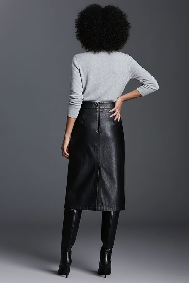 Jupe Midi Simili Cuir Fente Élégante