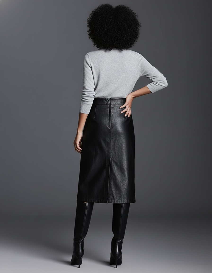 Jupe Midi Simili Cuir Fente Élégante