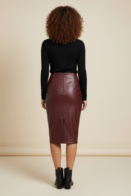 Jupe Midi Similicuir Bordeaux Chic