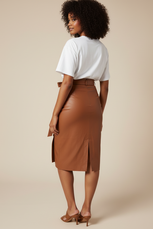 Jupe Midi Simili Cuir Marron Élégante