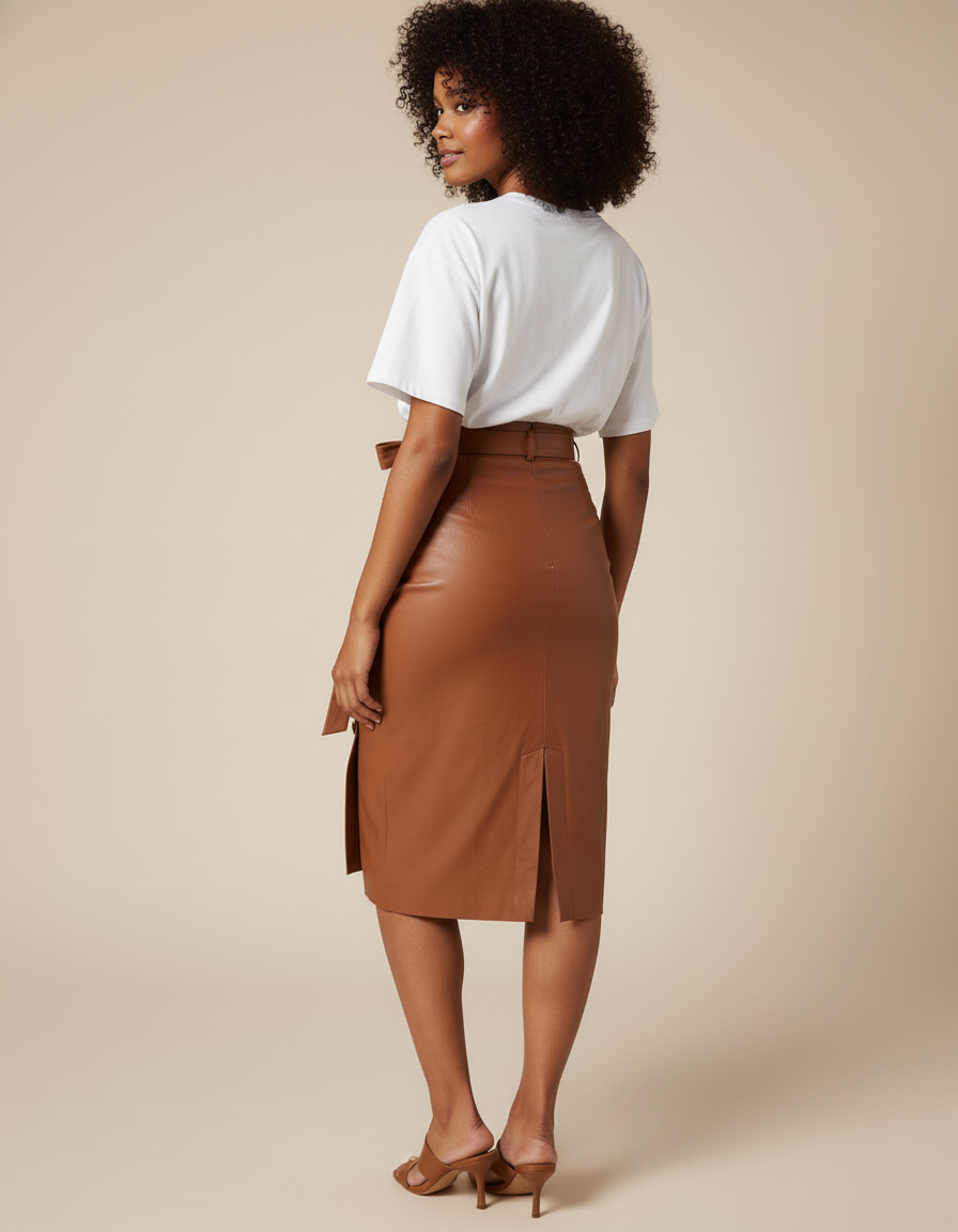 Jupe Midi Simili Cuir Marron Élégante