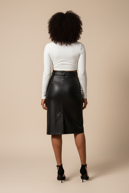 Jupe Midi Simili Cuir Boutonnée Chic