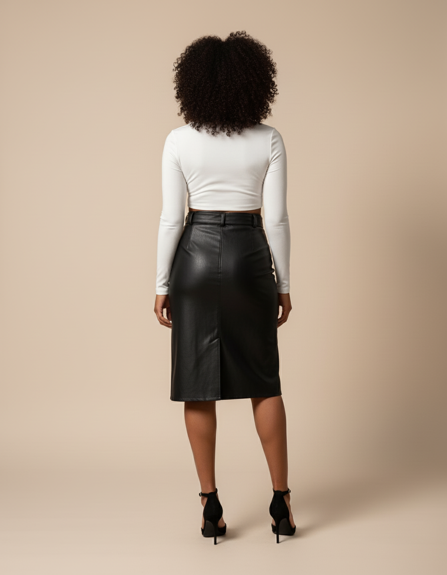 Jupe Midi Simili Cuir Boutonnée Chic