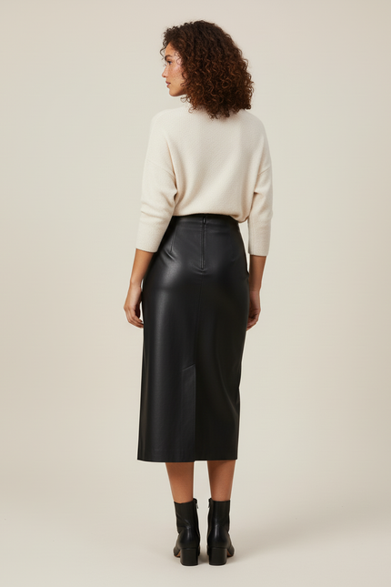 Jupe Midi Simili Cuir Fente Chic structurée