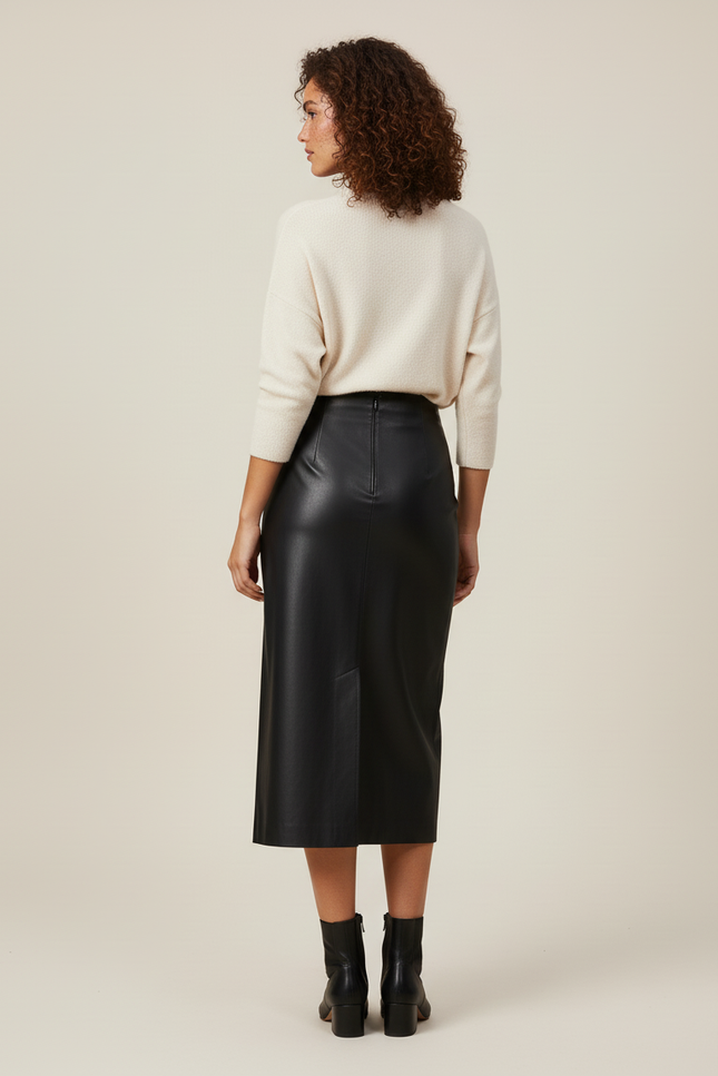 Jupe Midi Simili Cuir Fente Chic structurée