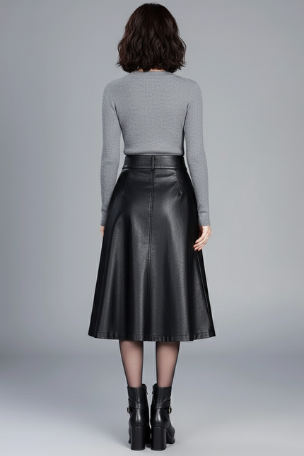 Jupe Midi Noire Simili Cuir Élégante urbaine