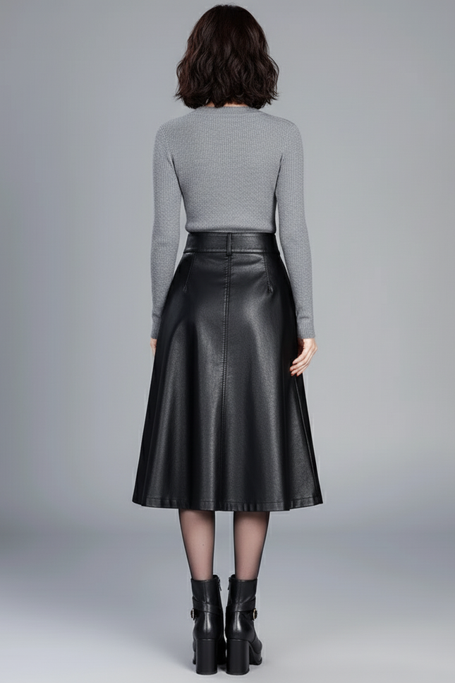 Jupe Midi Noire Simili Cuir Élégante urbaine