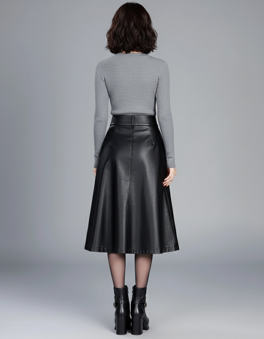 Jupe Midi Noire Simili Cuir Élégante urbaine