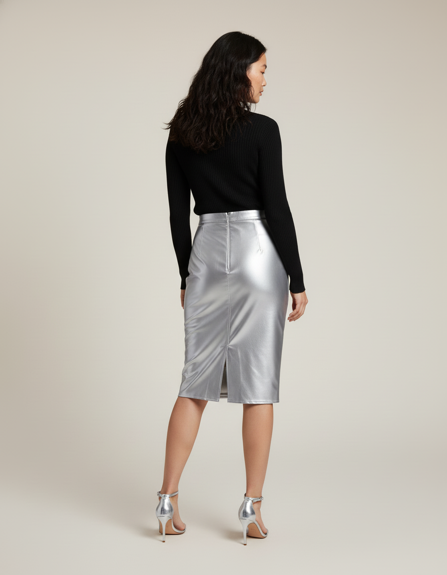 Jupe Midi Satinée Argentée Chic