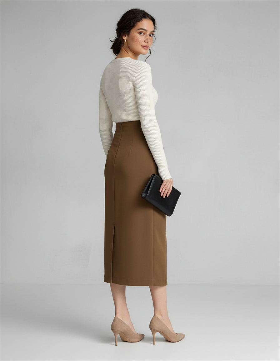 Jupe Midi Marron Portefeuille Chic