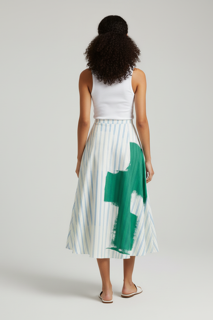 Jupe Midi Rayée Imprimé Vert Fluide