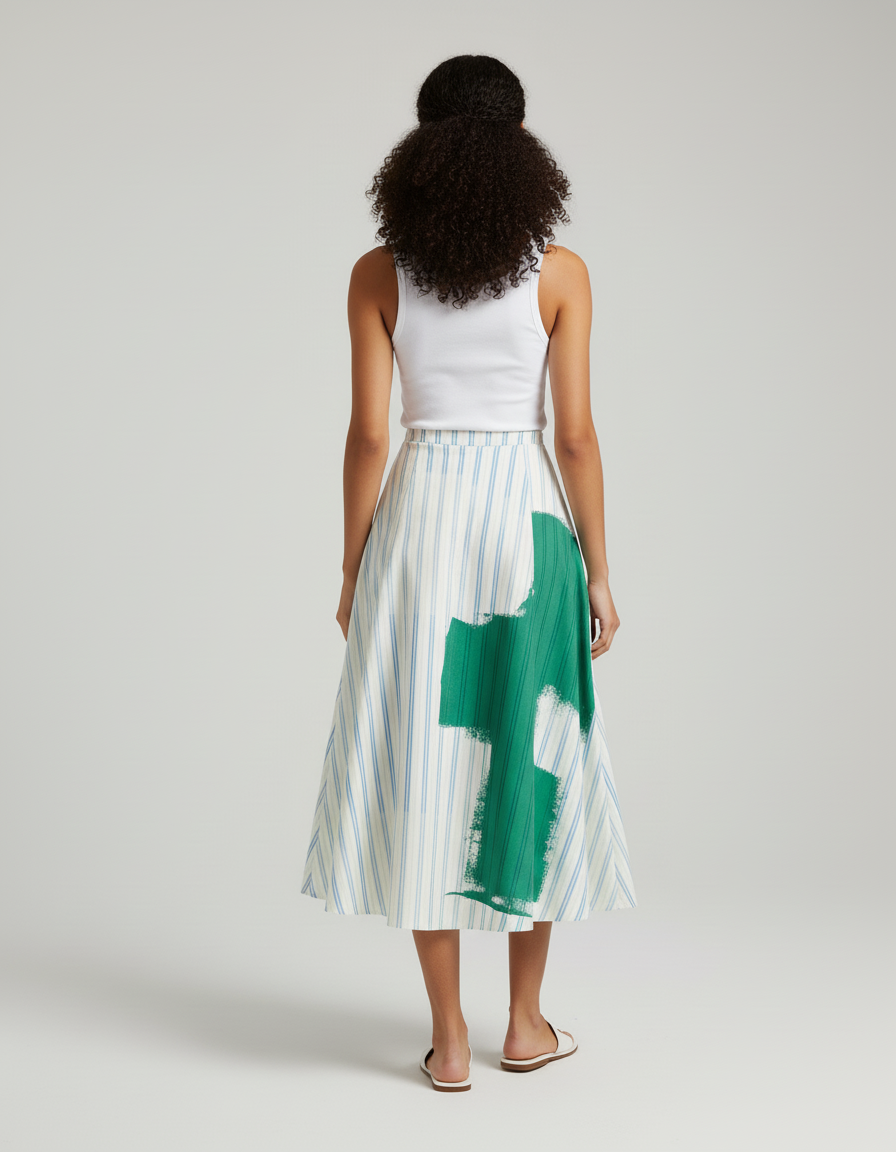 Jupe Midi Rayée Imprimé Vert Fluide