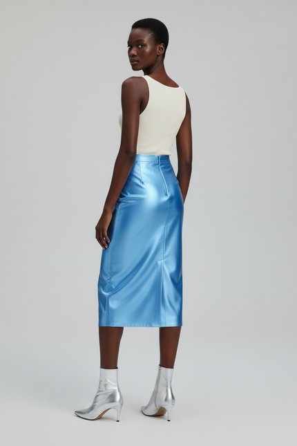 Jupe Midi Bleu Satiné Élégante
