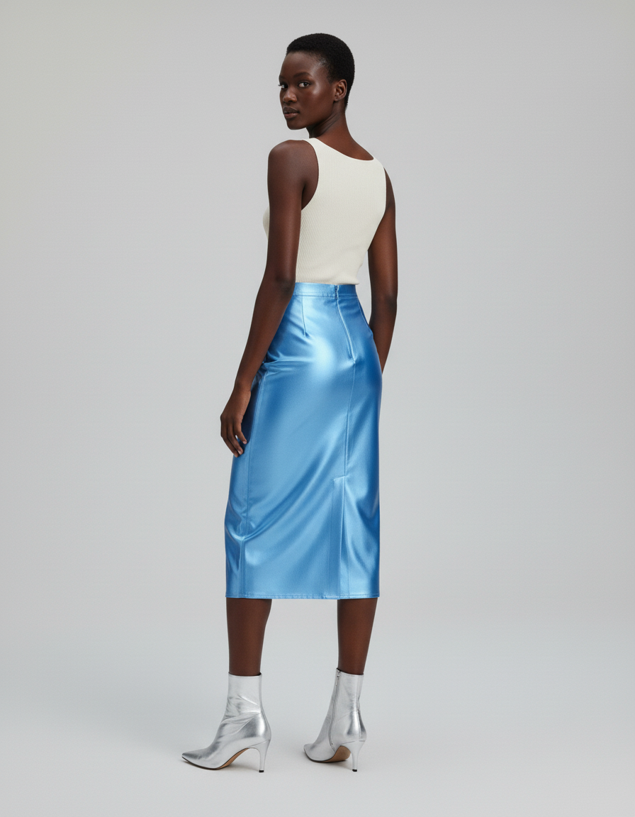 Jupe Midi Bleu Satiné Élégante