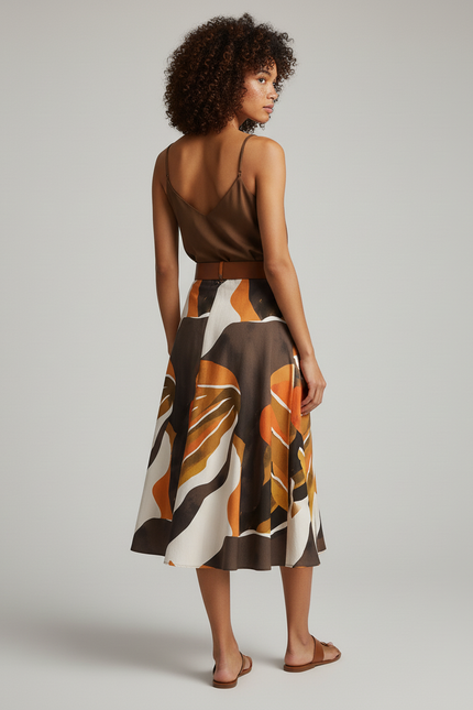 Jupe Midi Imprimé Abstrait Évasée Élégante