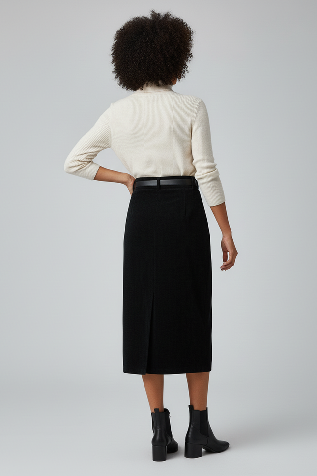 Jupe Midi Noire Côtelée Élégante structurée