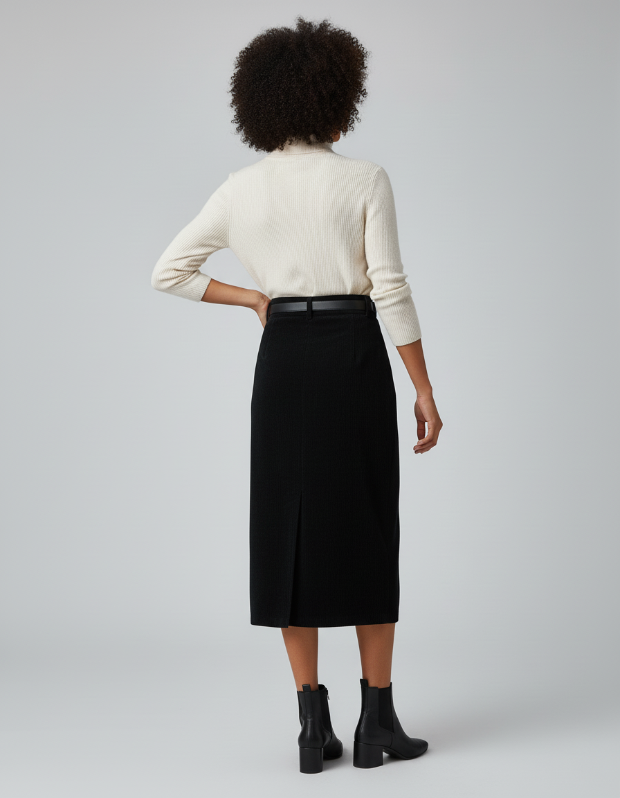Jupe Midi Noire Côtelée Élégante structurée