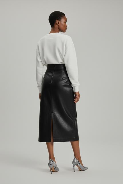 Jupe Midi Noire Cuir Verni Fendue Élégante