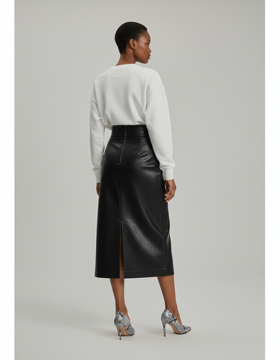 Jupe Midi Noire Cuir Verni Fendue Élégante