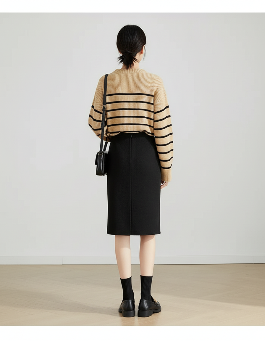 Jupe Midi Noire Tricotée Décontractée