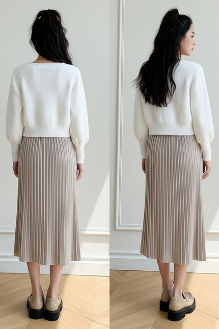Jupe Midi Tricotée Plissée Élégante