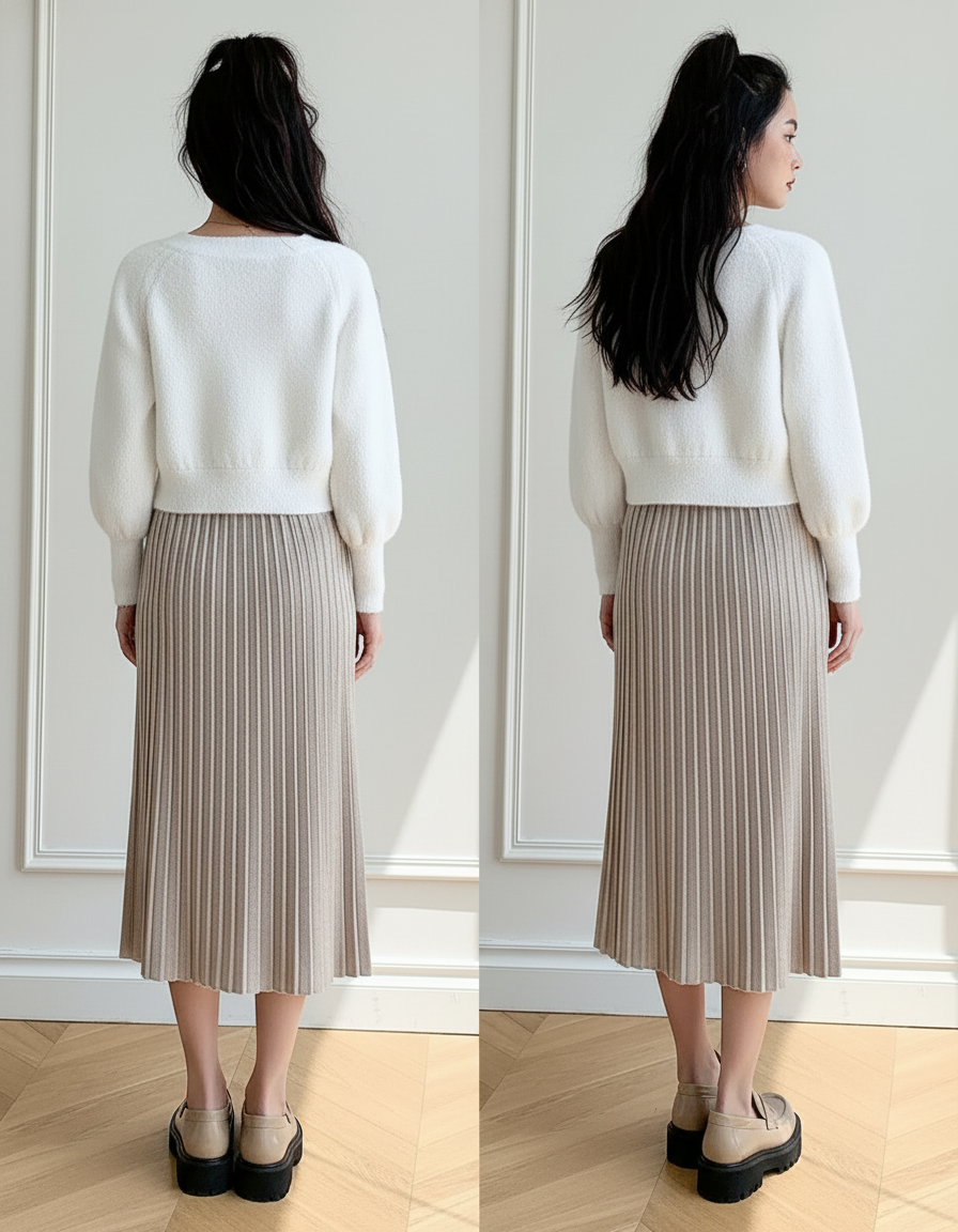 Jupe Midi Tricotée Plissée Élégante