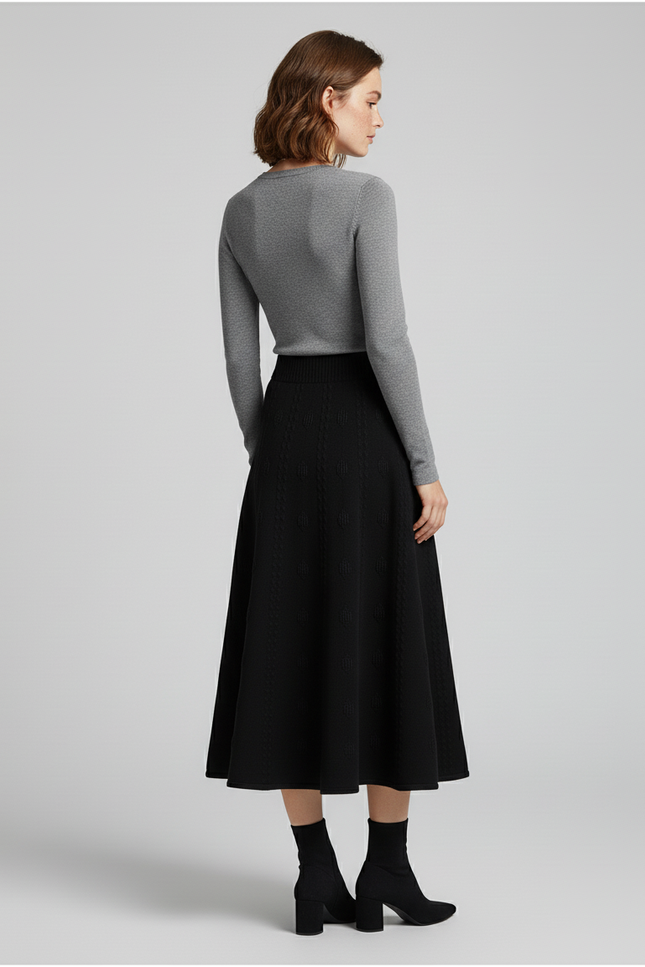 Jupe Midi Noir Motif Tricoté Élégante
