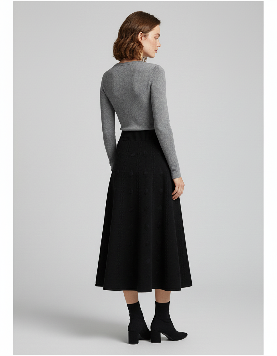 Jupe Midi Noir Motif Tricoté Élégante