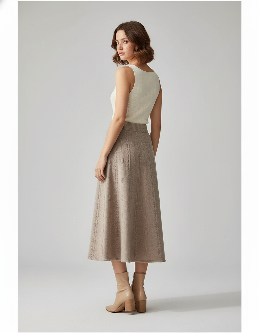 Jupe Midi Beige Maille Élégante