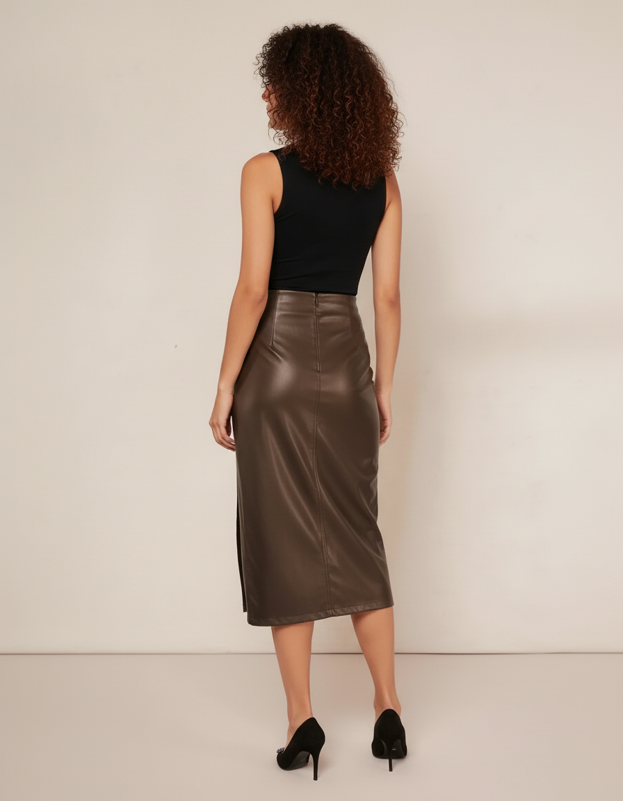 Jupe Midi Simili Cuir Marron Chic