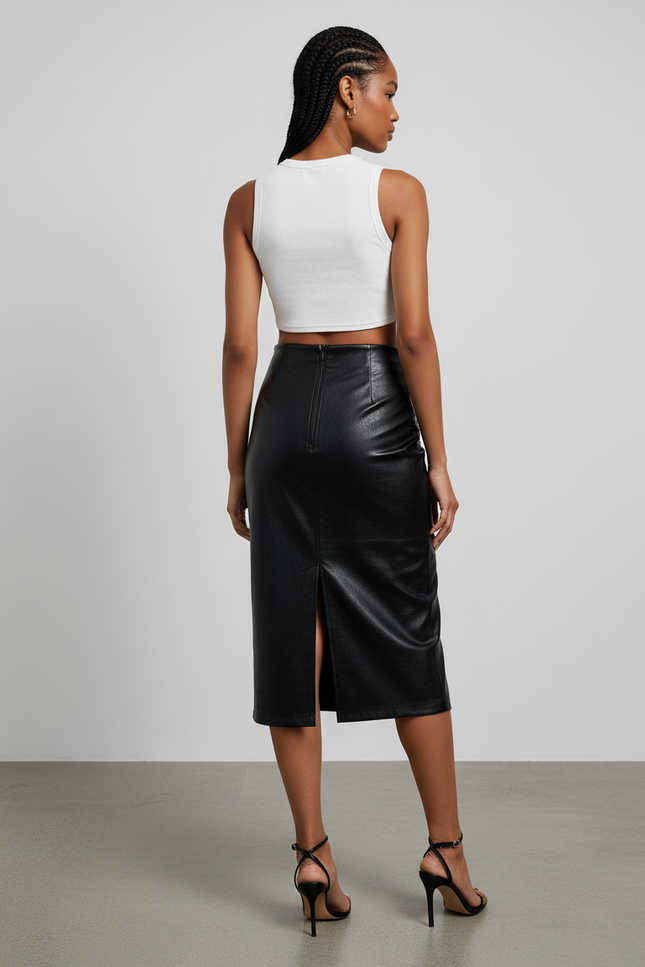 Jupe Midi Simili Cuir Noire Fendue Chic