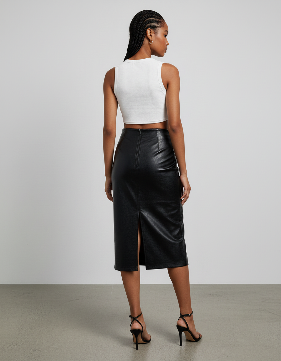 Jupe Midi Simili Cuir Noire Fendue Chic